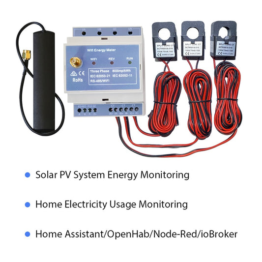 Bi-directional,150A,Din Rail,Home-Assistant, NodeRed,Openhab,solar pv monitor,CE,RCM,three Phase,3 phase energy meter,mqtt,WiFi